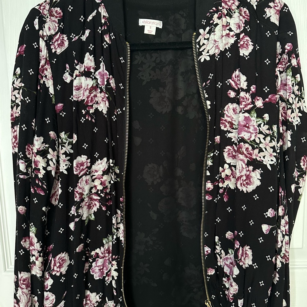Xhilaration Black and Purple Floral Bomber Jacket